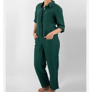 Sunday Morning Isabelle Linen Button Front Jumpsuit Green Large Long Sleeve